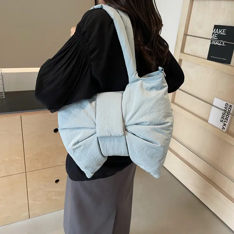 Women's Korean Style Distinctive Bow Tote Bag Grey Large Capacity - Image 9