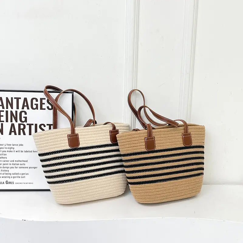 Women Straw Bag Summer 2024 Stripes Large Capacity - Image 3