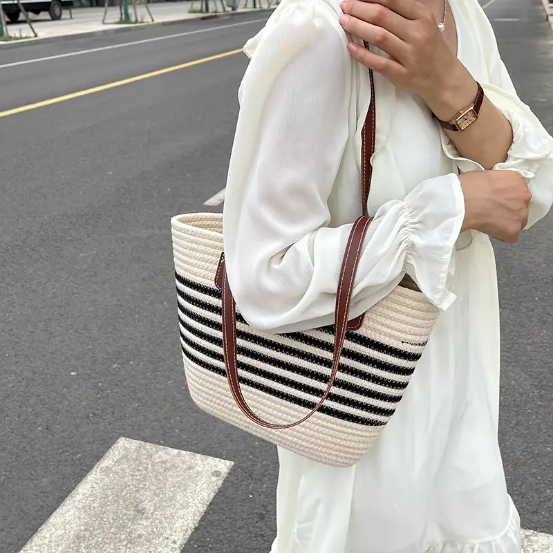 Women Straw Bag Summer 2024 Stripes Large Capacity - Image 6