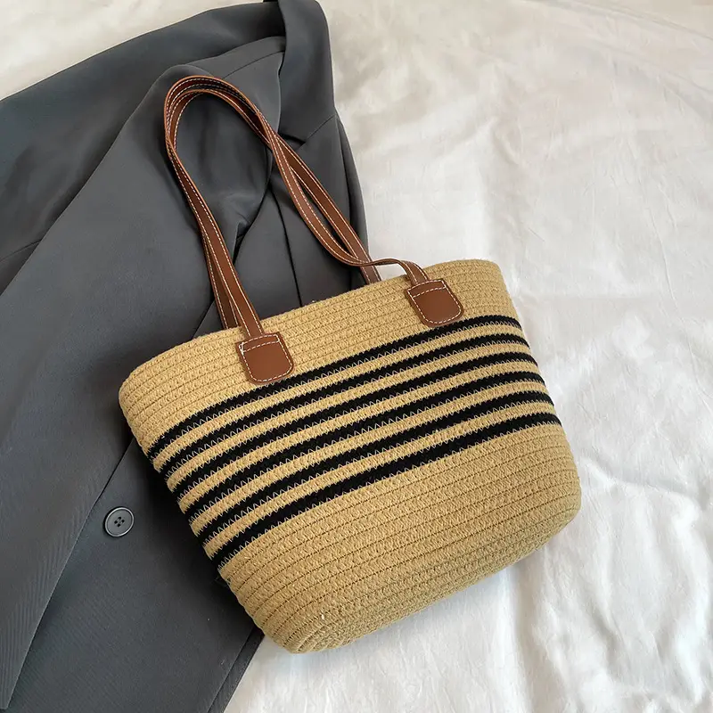 Women Straw Bag Summer 2024 Stripes Large Capacity - Image 2