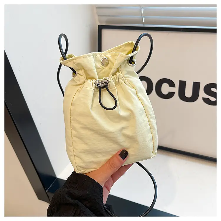 Women Drawstring Bucket Bag Cream Nylon Shoulder Crossbody - Image 6