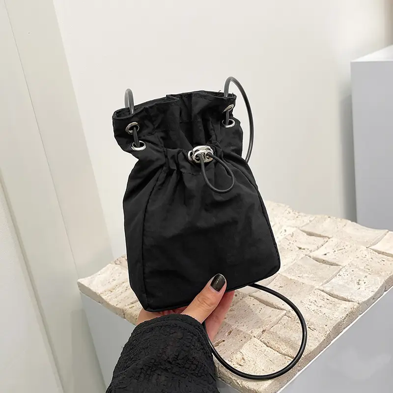 Women Drawstring Bucket Bag Cream Nylon Shoulder Crossbody - Image 5