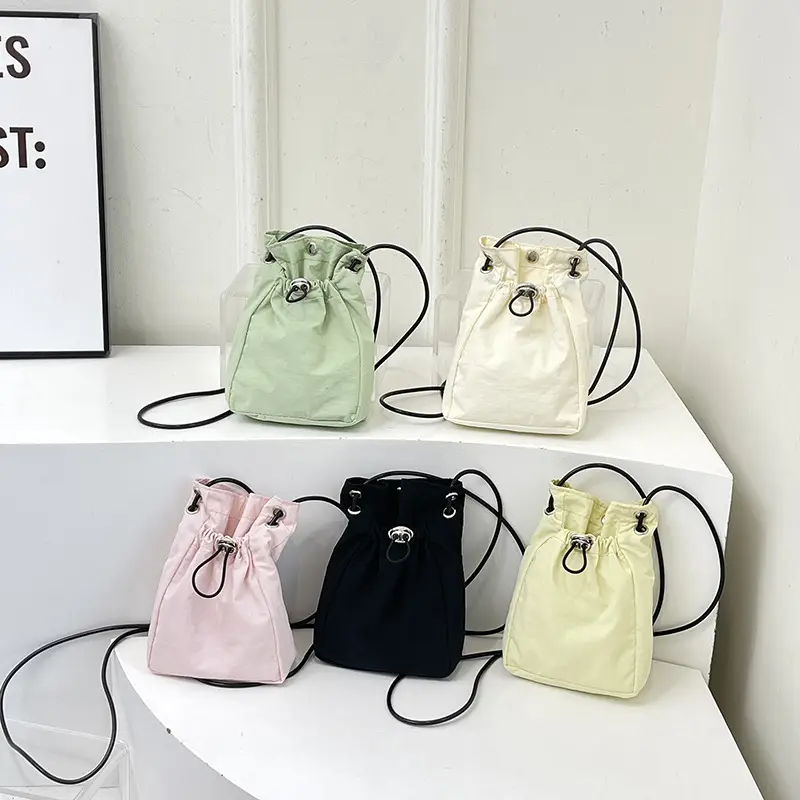 Women Drawstring Bucket Bag Cream Nylon Shoulder Crossbody - Image 8