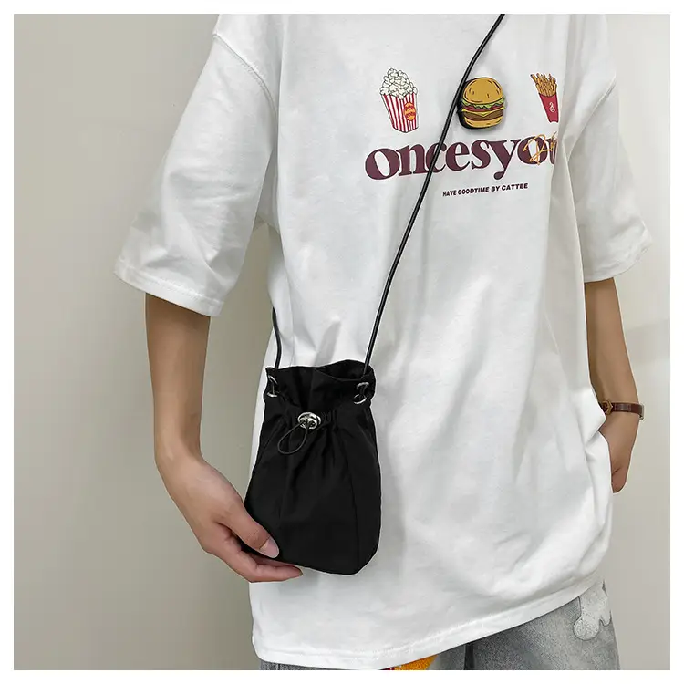 Women Drawstring Bucket Bag Cream Nylon Shoulder Crossbody — feature 14