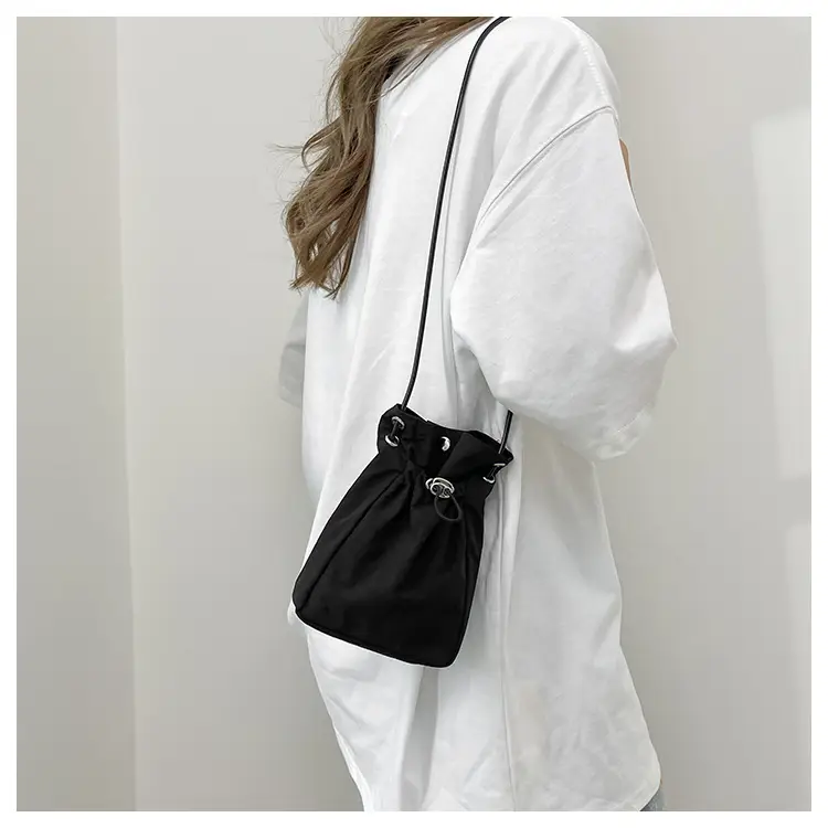 Women Drawstring Bucket Bag Cream Nylon Shoulder Crossbody — feature 15