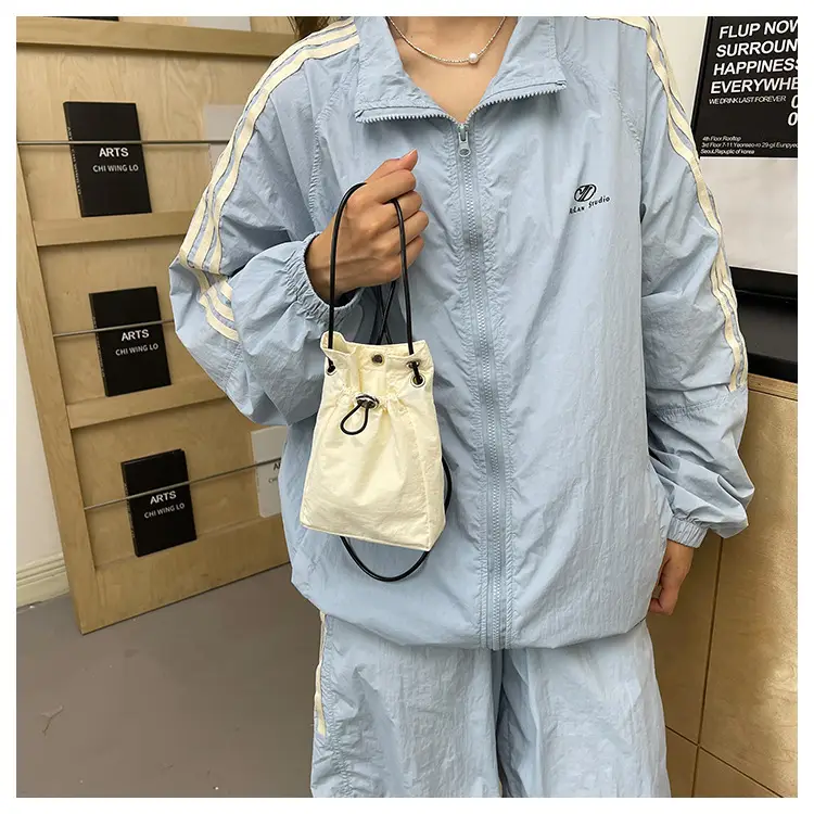 Women Drawstring Bucket Bag Cream Nylon Shoulder Crossbody — feature 17