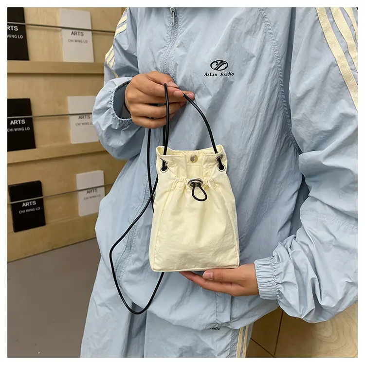 Women Drawstring Bucket Bag Cream Nylon Shoulder Crossbody — feature 18