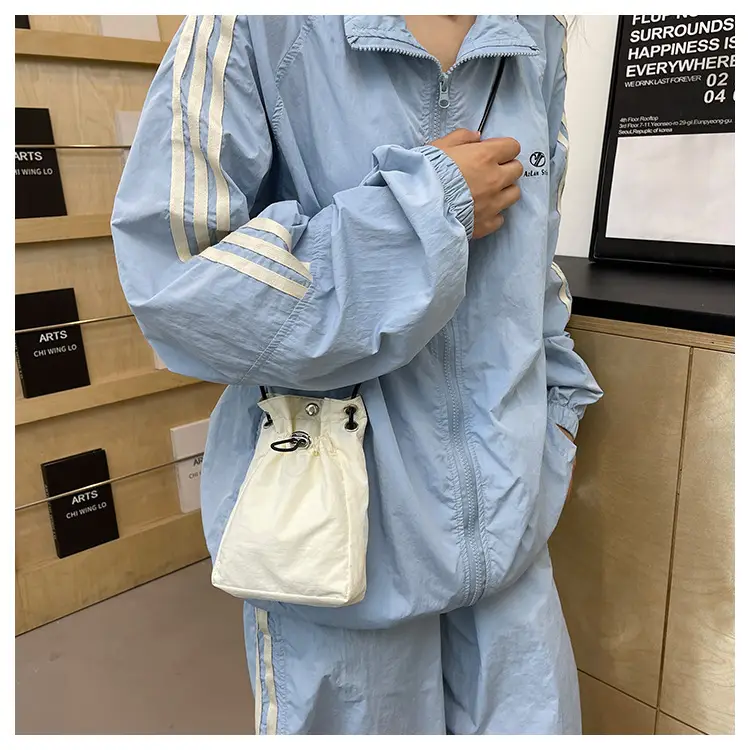 Women Drawstring Bucket Bag Cream Nylon Shoulder Crossbody — feature 19