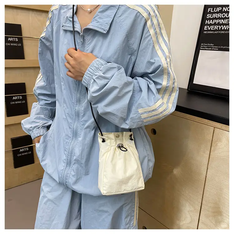Women Drawstring Bucket Bag Cream Nylon Shoulder Crossbody — feature 20