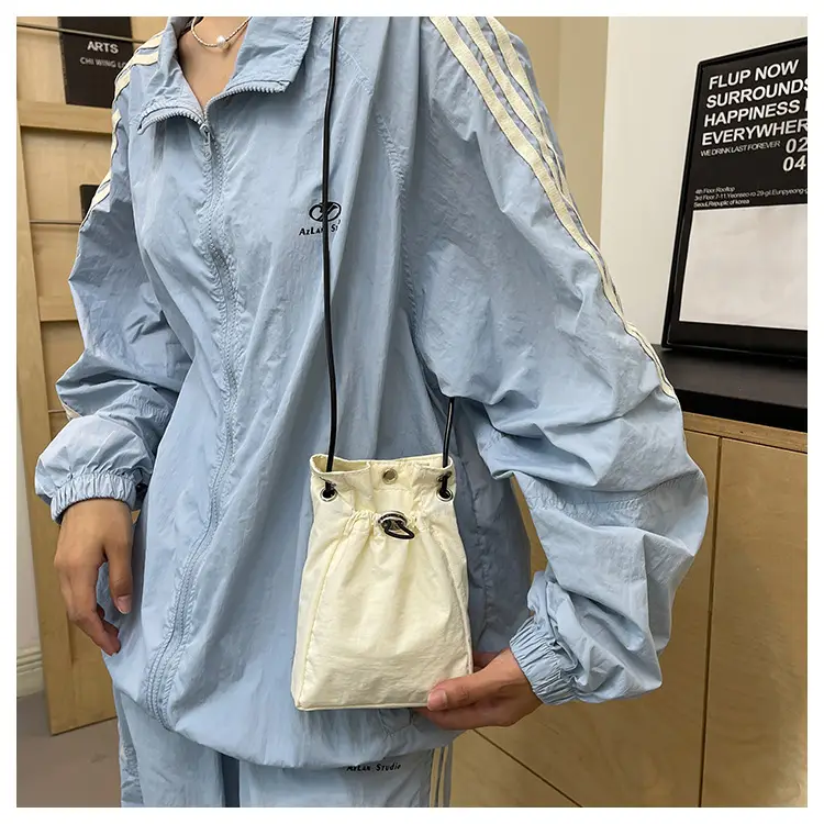 Women Drawstring Bucket Bag Cream Nylon Shoulder Crossbody — feature 21