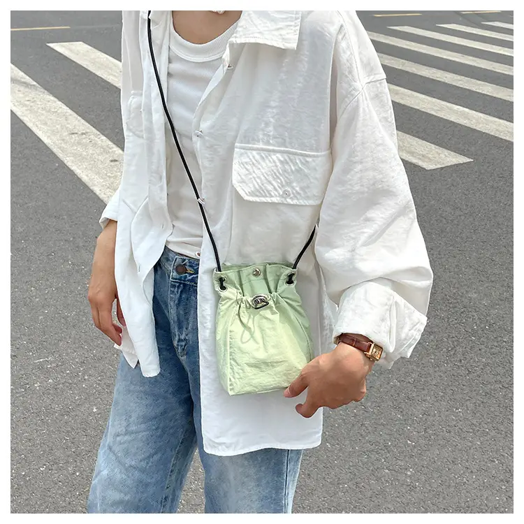 Women Drawstring Bucket Bag Cream Nylon Shoulder Crossbody — feature 22