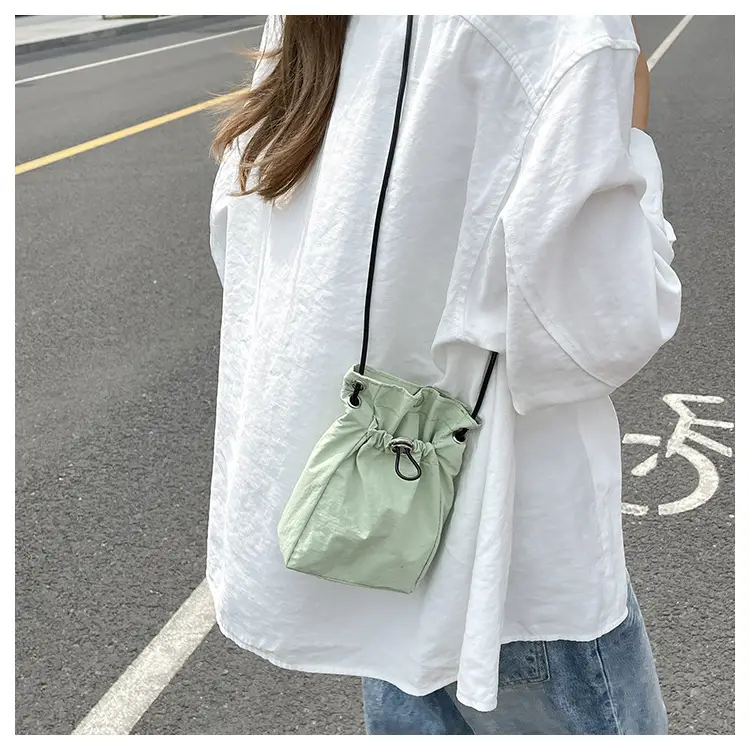 Women Drawstring Bucket Bag Cream Nylon Shoulder Crossbody — feature 25