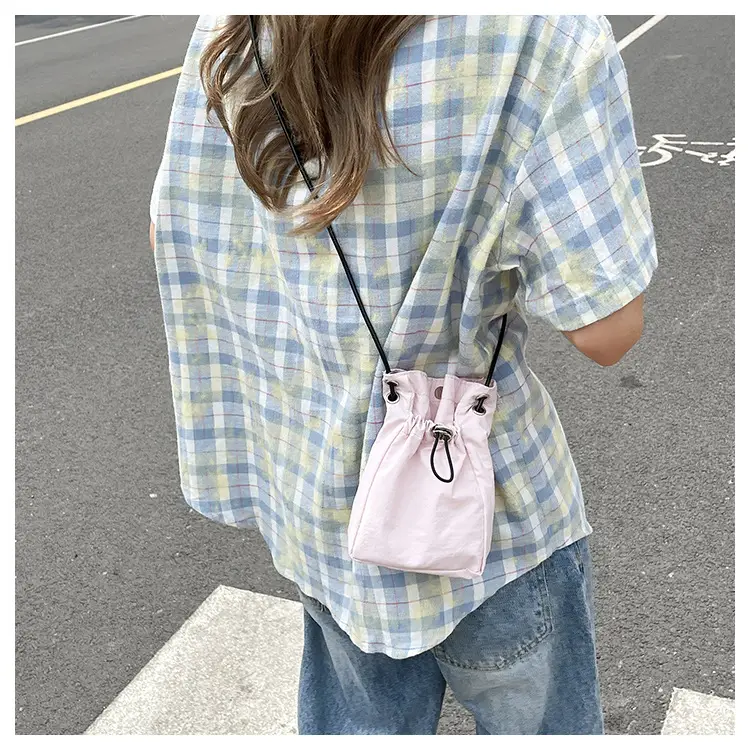 Women Drawstring Bucket Bag Cream Nylon Shoulder Crossbody — feature 28