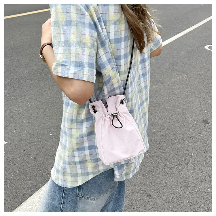 Women Drawstring Bucket Bag Cream Nylon Shoulder Crossbody — feature 30
