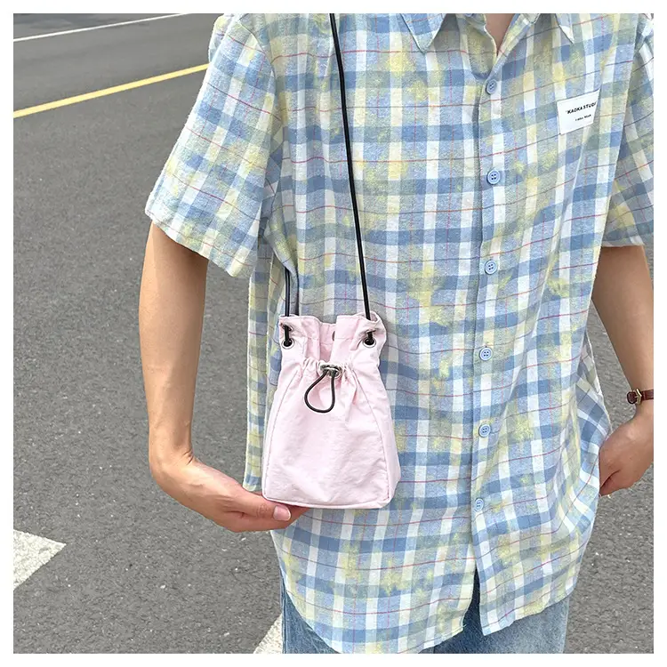 Women Drawstring Bucket Bag Cream Nylon Shoulder Crossbody — feature 31