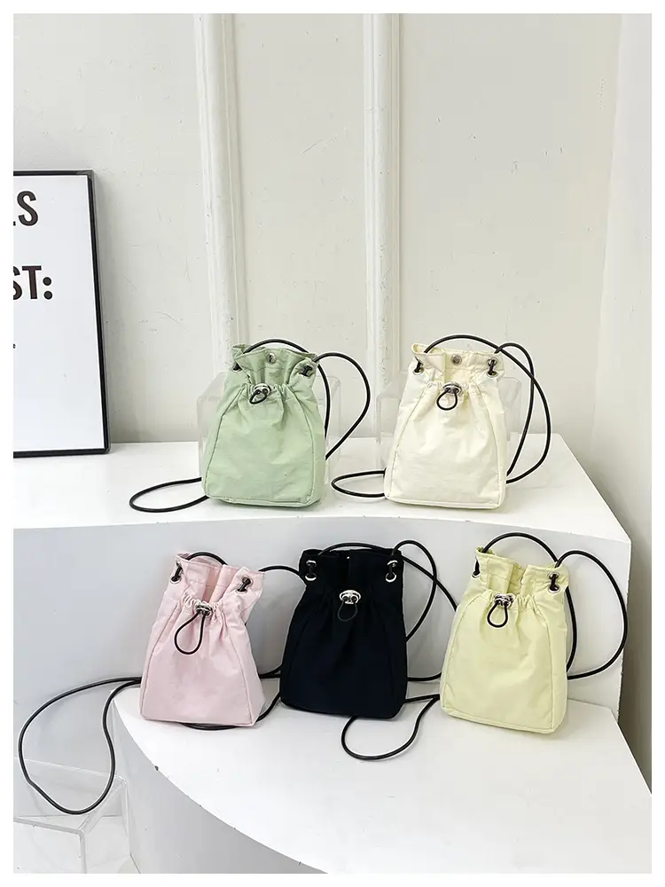 Women Drawstring Bucket Bag Cream Nylon Shoulder Crossbody — feature 32