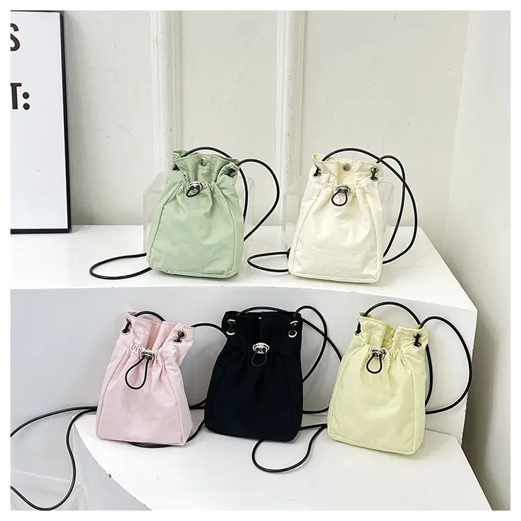Women Drawstring Bucket Bag Cream Nylon Shoulder Crossbody — feature 33