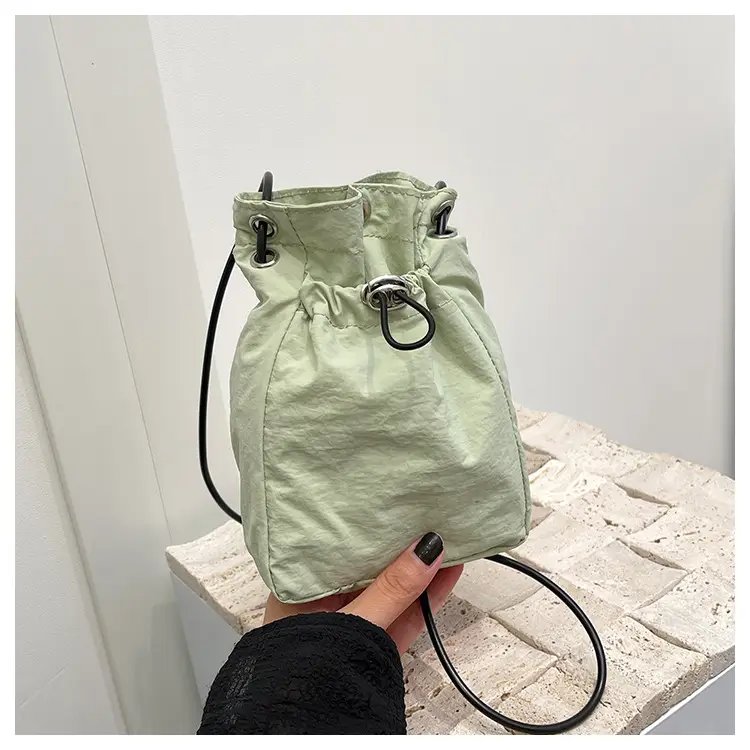 Women Drawstring Bucket Bag Cream Nylon Shoulder Crossbody — feature 34