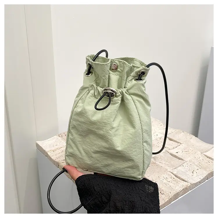 Women Drawstring Bucket Bag Cream Nylon Shoulder Crossbody — feature 35