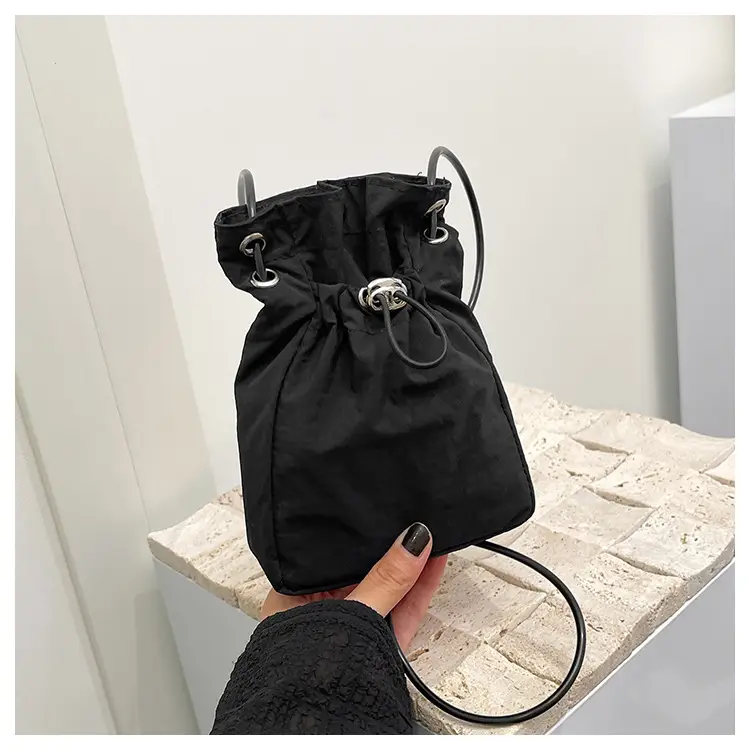 Women Drawstring Bucket Bag Cream Nylon Shoulder Crossbody — feature 36