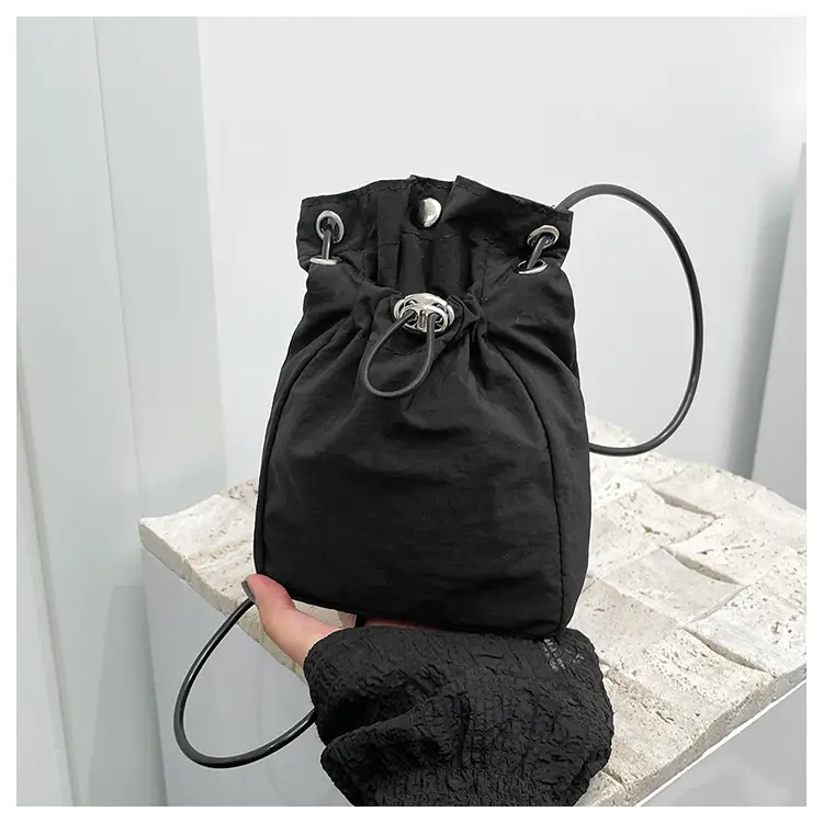 Women Drawstring Bucket Bag Cream Nylon Shoulder Crossbody — feature 37