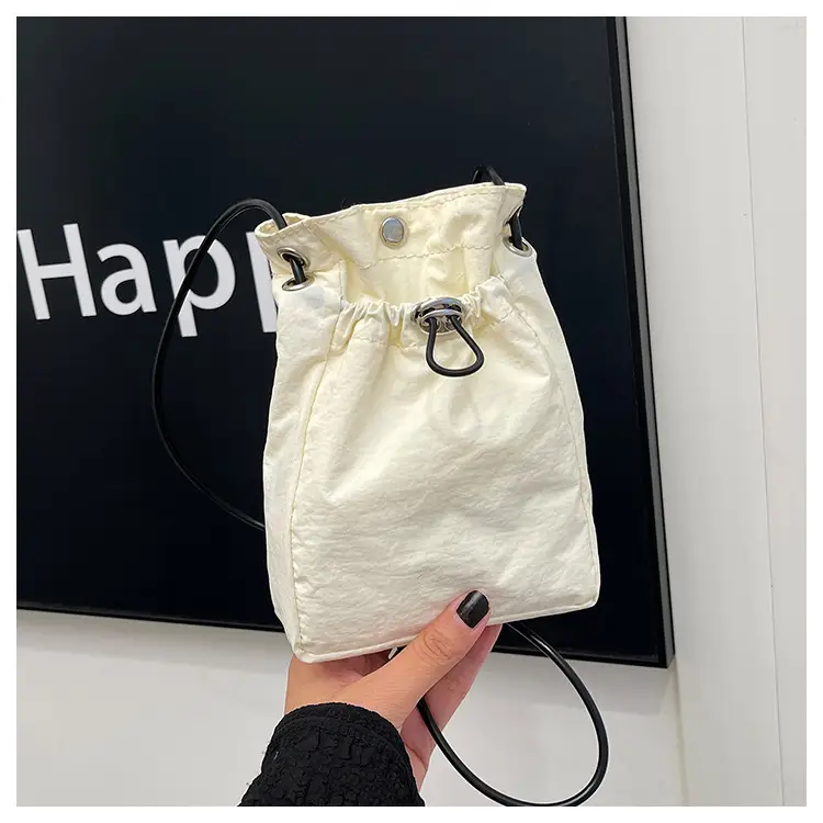 Women Drawstring Bucket Bag Cream Nylon Shoulder Crossbody — feature 38