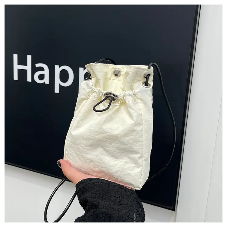 Women Drawstring Bucket Bag Cream Nylon Shoulder Crossbody — feature 39
