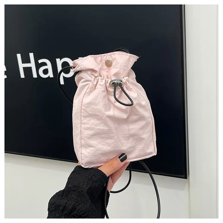 Women Drawstring Bucket Bag Cream Nylon Shoulder Crossbody — feature 40