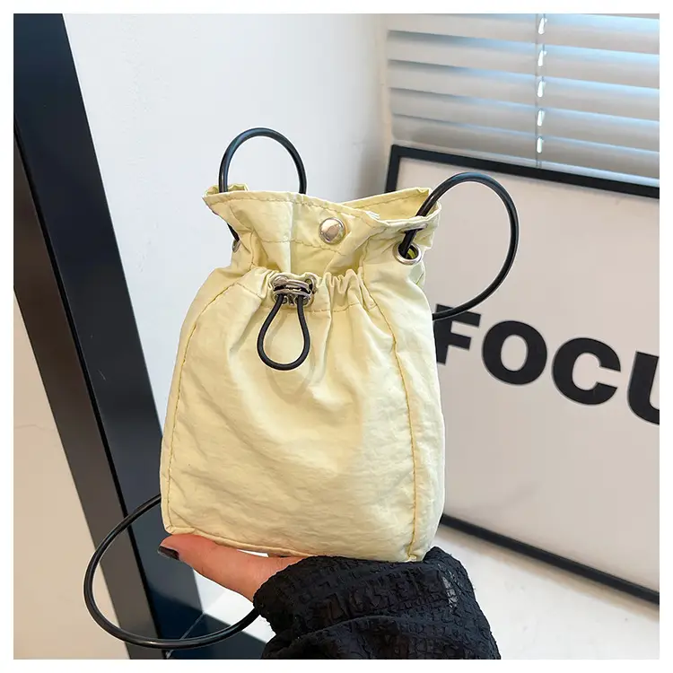 Women Drawstring Bucket Bag Cream Nylon Shoulder Crossbody — feature 42