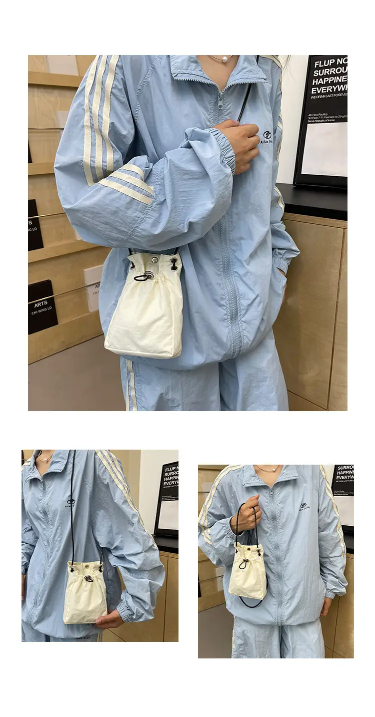 Women Drawstring Bucket Bag Cream Nylon Shoulder Crossbody — feature 9