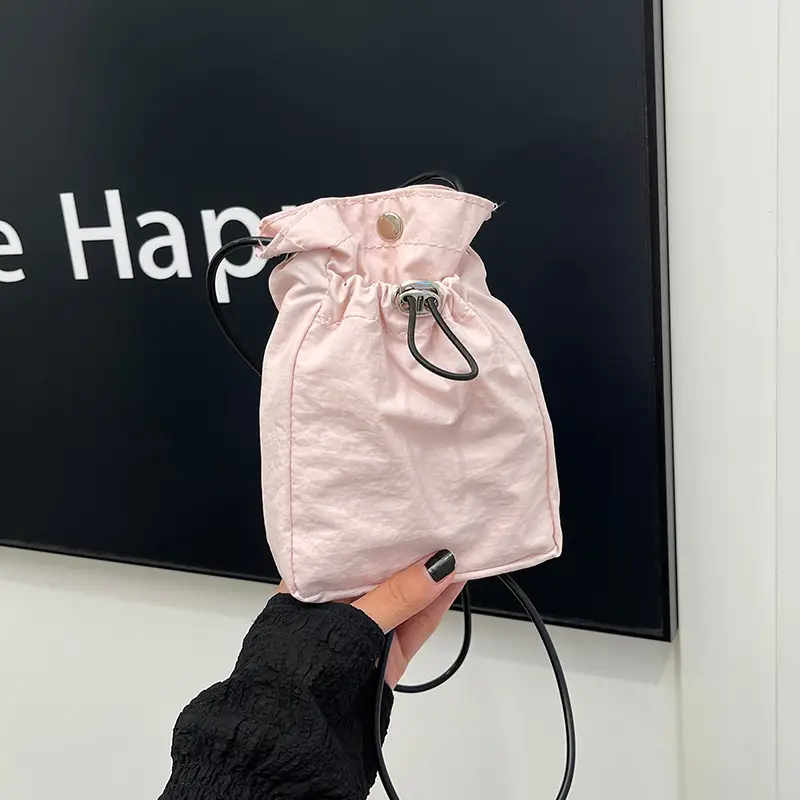 Women Drawstring Bucket Bag Cream Nylon Shoulder Crossbody - Image 2
