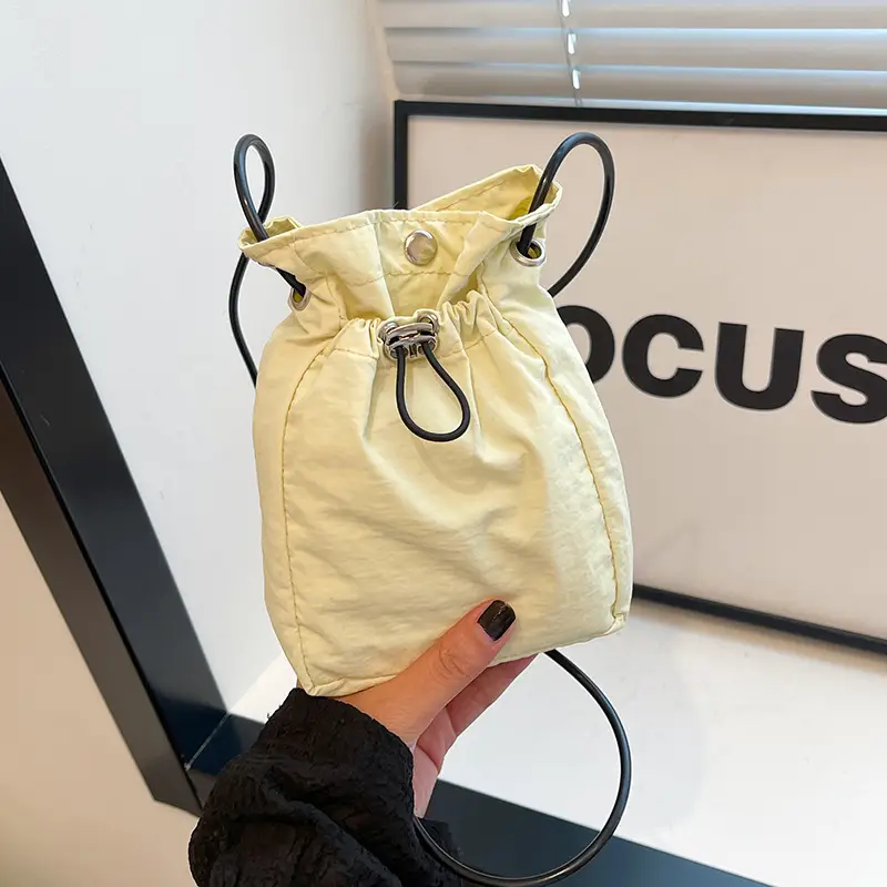 Women Drawstring Bucket Bag Cream Nylon Shoulder Crossbody - Image 3
