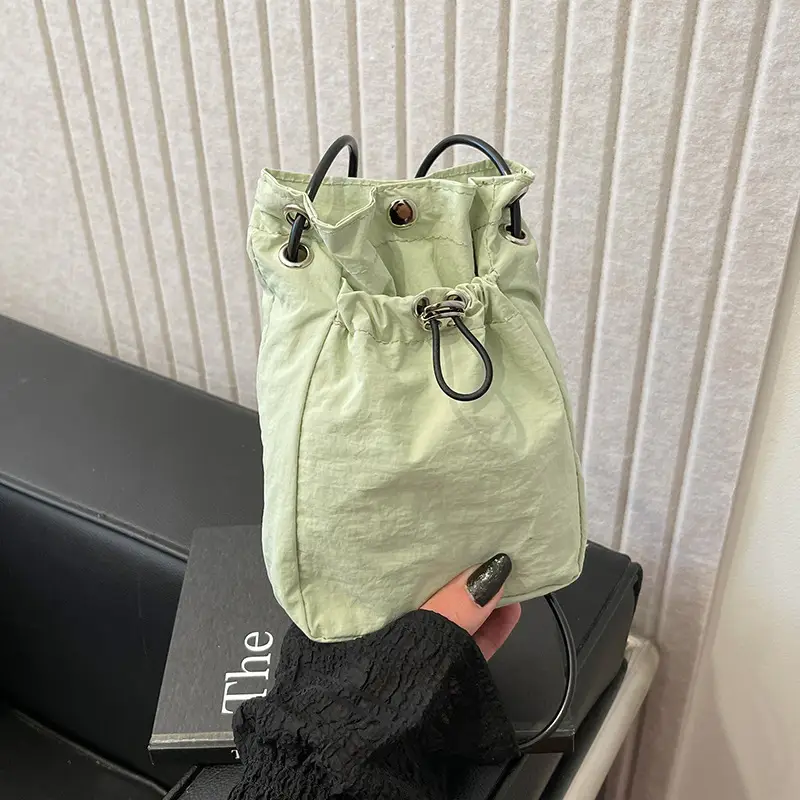 Women Drawstring Bucket Bag Cream Nylon Shoulder Crossbody - Image 4