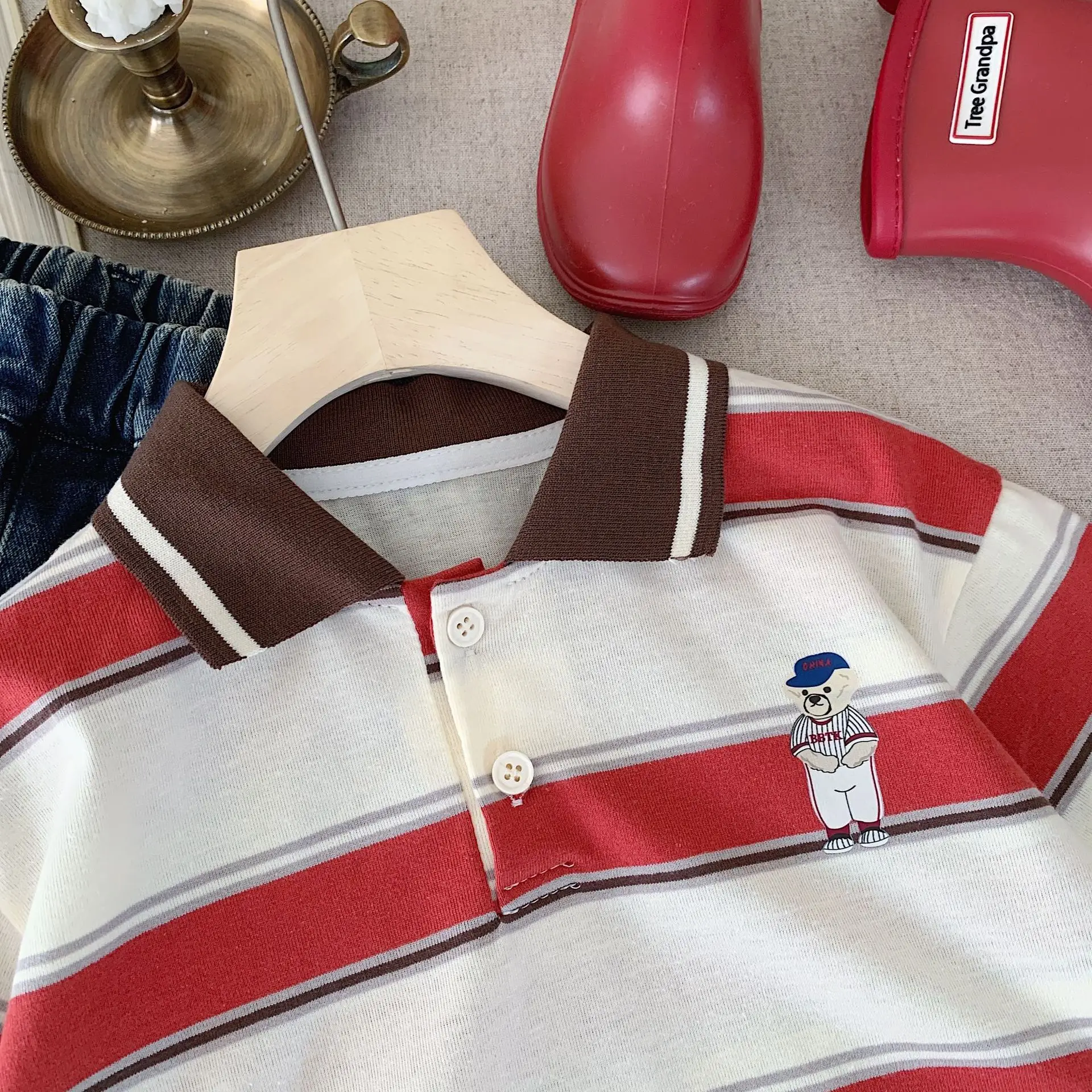 Children's Korean Style Polo Shirt with Bear Print - Image 6