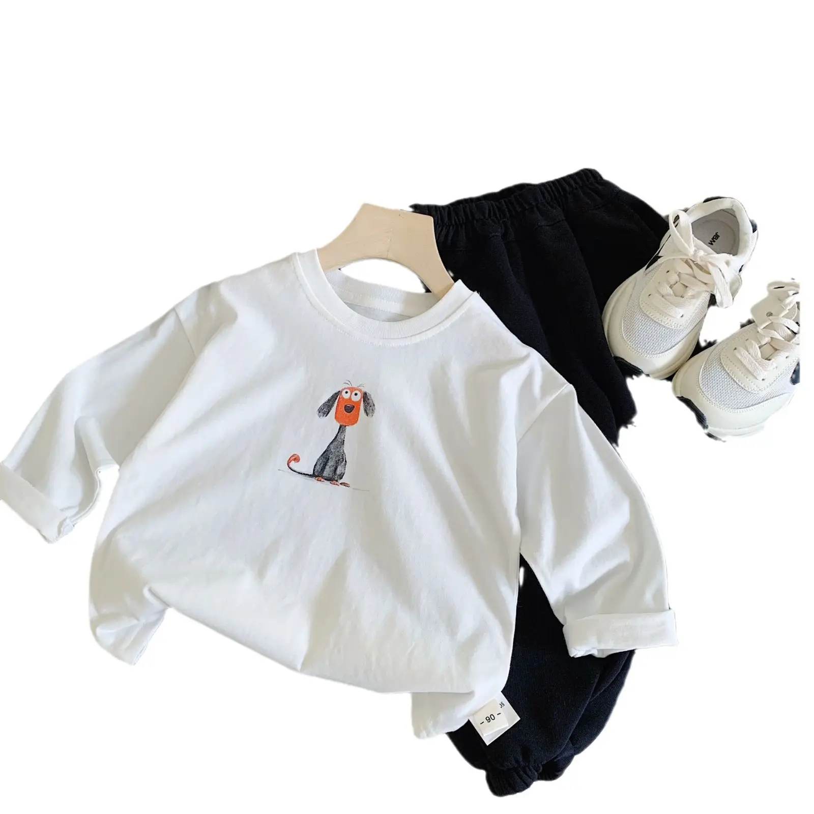 Children's White Cartoon T-Shirt Set with Black Pants & Sneakers - Image 10