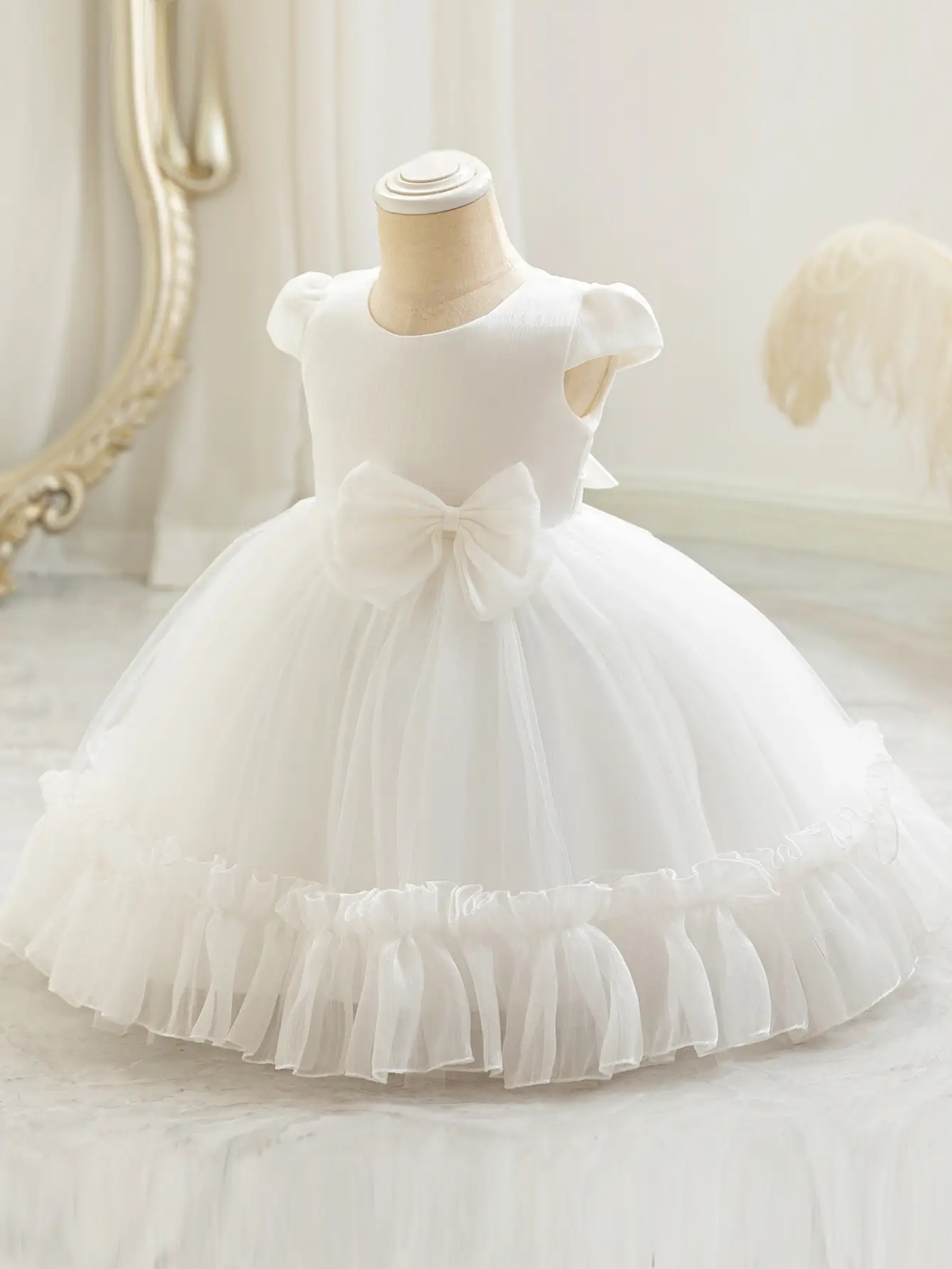 Children's Mesh Bow Tutu Dress Cream