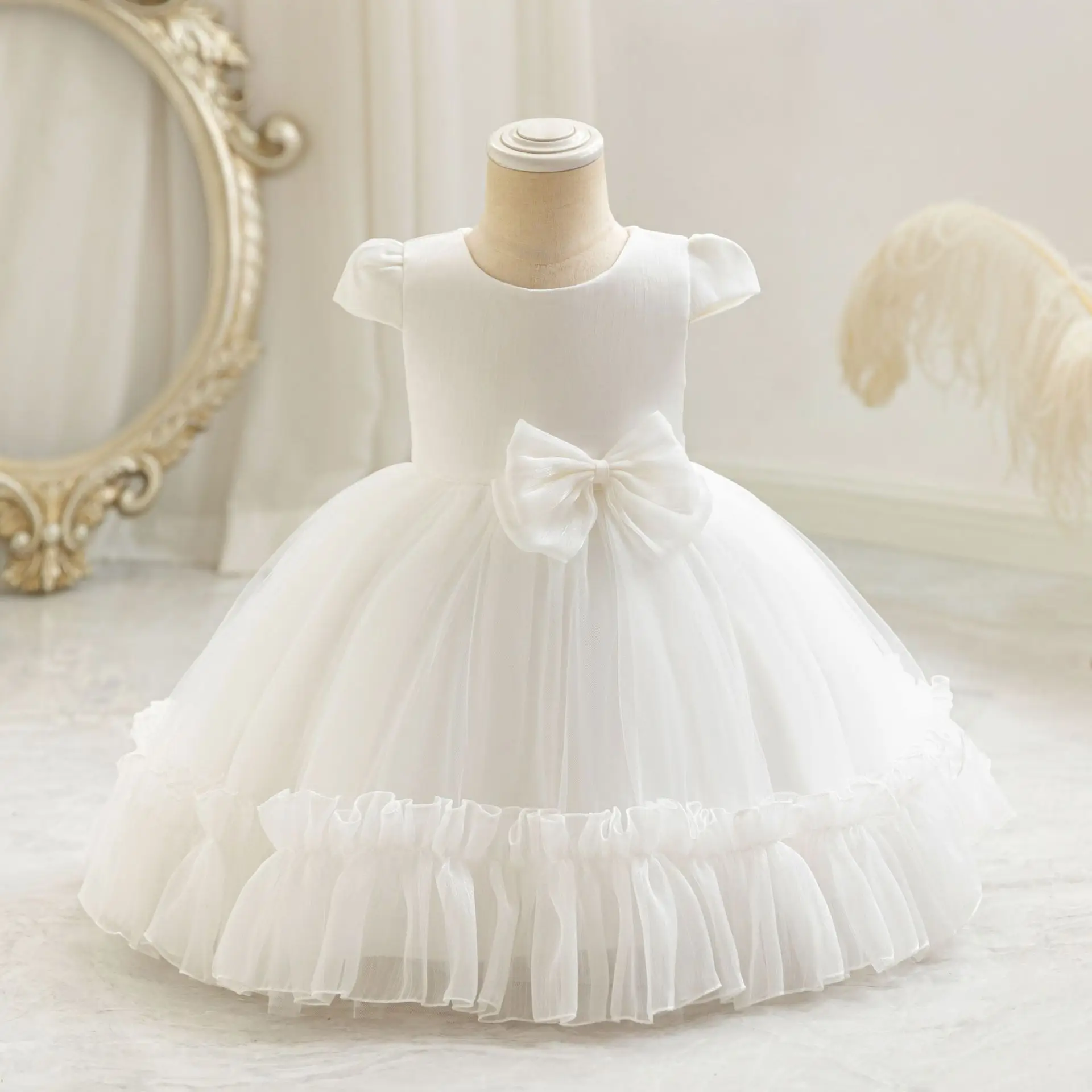 Children's Mesh Bow Tutu Dress Cream