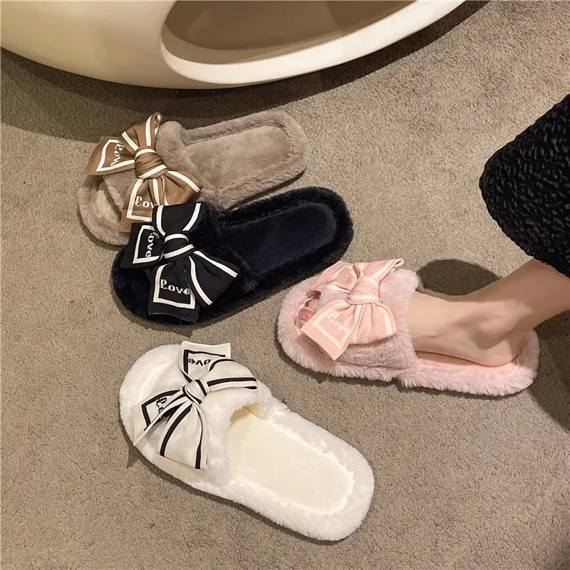 Cross-border foreign trade new LOVE bow Mao Mao slippers women's autumn and winter fashion home warm floor cotton slippers