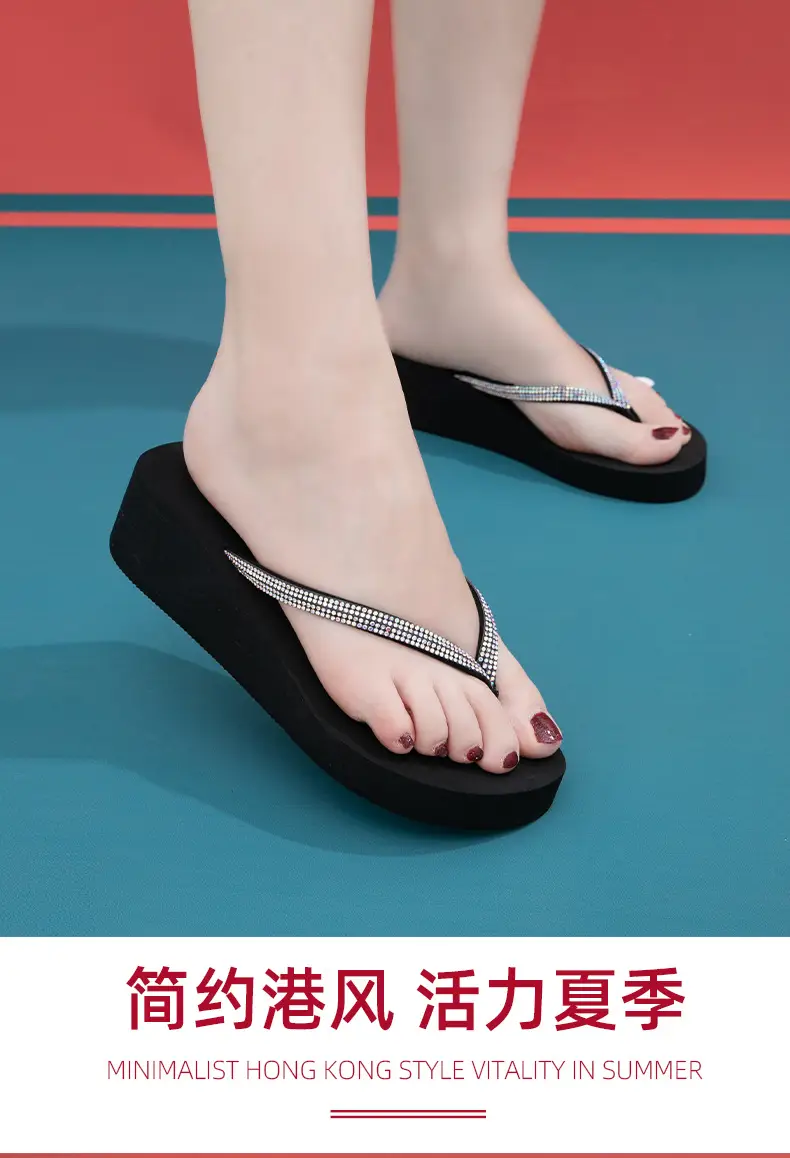 Summer Cross-border Internet Celebrous New Beach Colored Diamond High-end Sense Platform Thick Bottom Clip Flip-flops for Women — feature 1