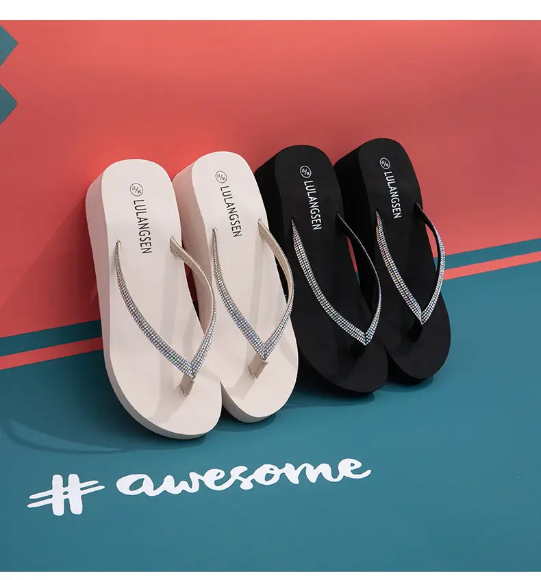 Summer Cross-border Internet Celebrous New Beach Colored Diamond High-end Sense Platform Thick Bottom Clip Flip-flops for Women — feature 17