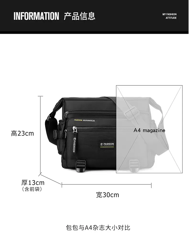 Men's Waterproof Oxford Crossbody Bag Black Large Capacity — feature 12