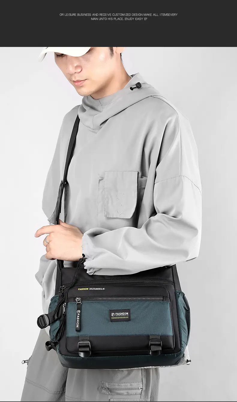 Men's Waterproof Oxford Crossbody Bag Black Large Capacity — feature 4