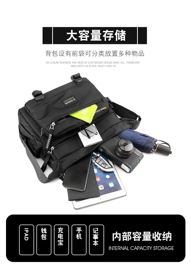Men's Waterproof Oxford Crossbody Bag Black Large Capacity — feature 8
