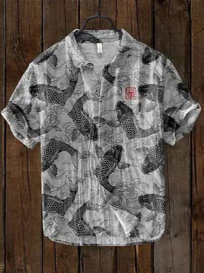 Slub Printed Short Sleeve Collar Shirt Red White - Image 11