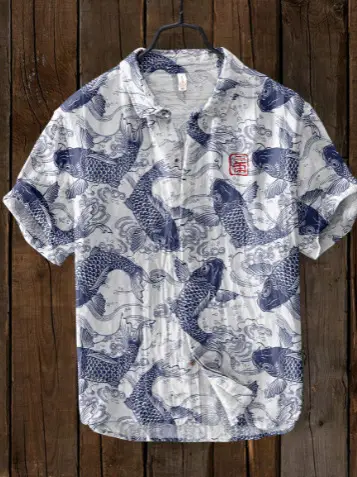 Slub Printed Short Sleeve Collar Shirt Red White - Image 12
