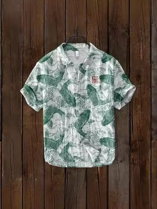 Slub Printed Short Sleeve Collar Shirt Red White - Image 13