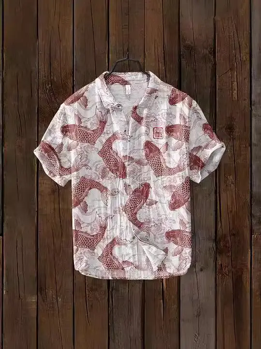Slub Printed Short Sleeve Collar Shirt Red White - Image 14