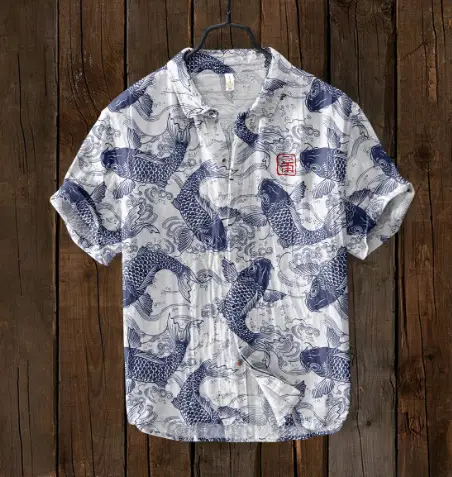 Slub Printed Short Sleeve Collar Shirt Red White — feature 2