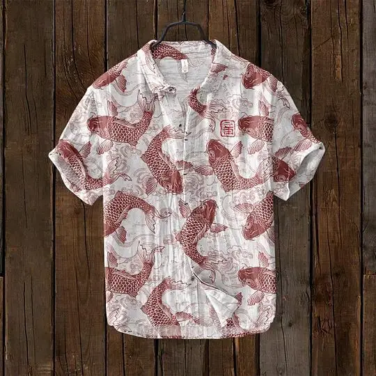 Slub Printed Short Sleeve Collar Shirt Red White — feature 4