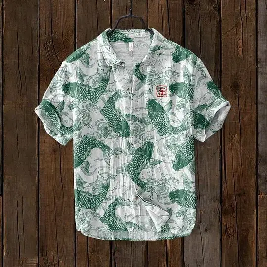 Slub Printed Short Sleeve Collar Shirt Red White — feature 5